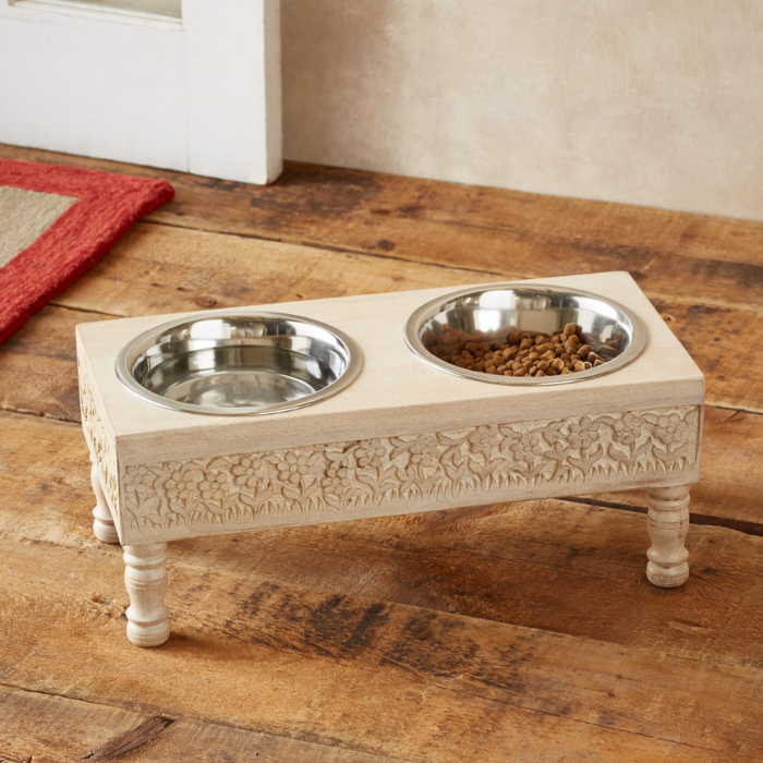 White Hand-Carved Solid Wood Double Pet Feeder - Image 1