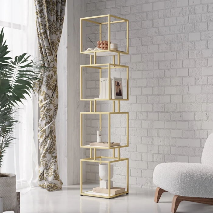 1-145.png 4-Tier Modern Simple Gold Cube Bookcase with Metal Tower Display Tall Wooden Bookshelf - Image 1