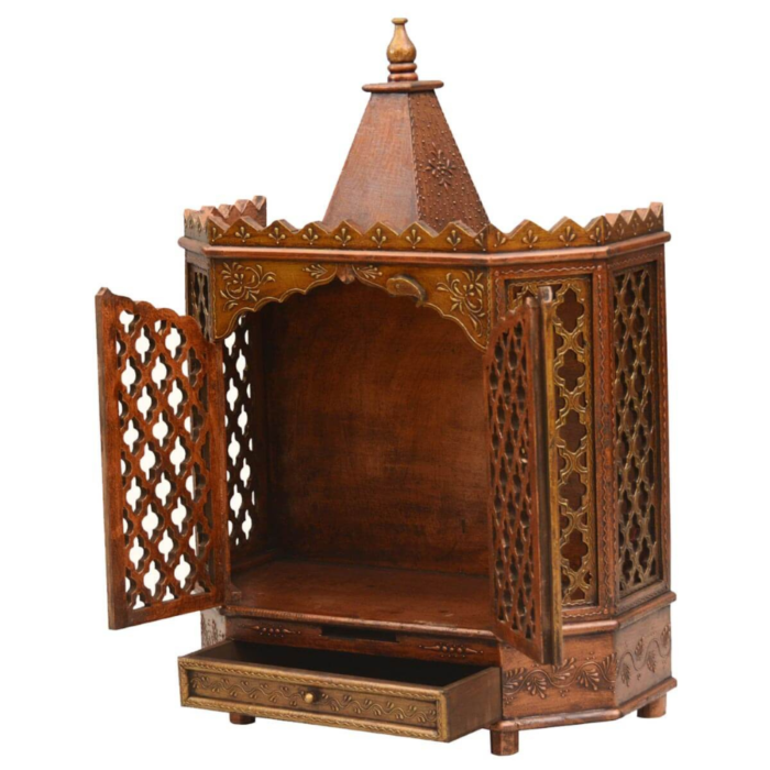 Hand Carved Mango Wood Small Temple with One drawer - Image 2