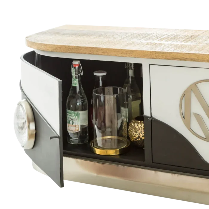 Priti Black TV cabinet with mango wood top - Image 4