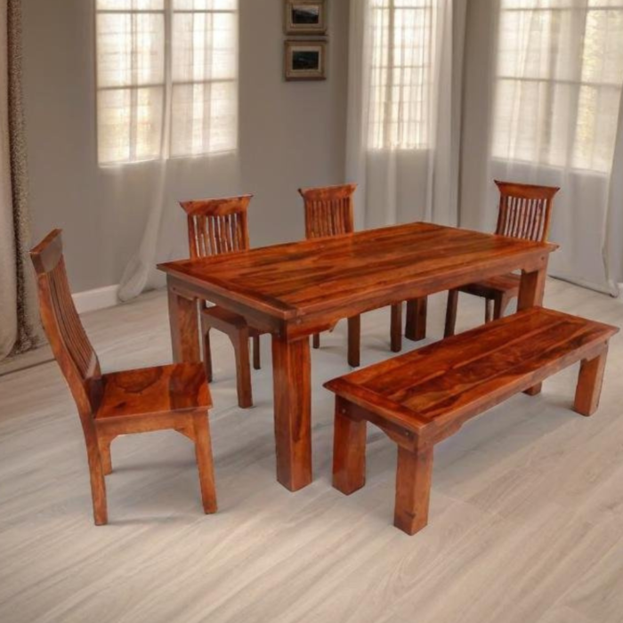 PRITI : Manila Rustic Solid Wood Casual Dining Table Chair Set with Bench - Image 1