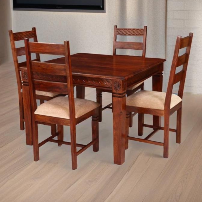 PRITI : Handcrafted Solid Wood Square Dining Table and Chair Set - Image 1