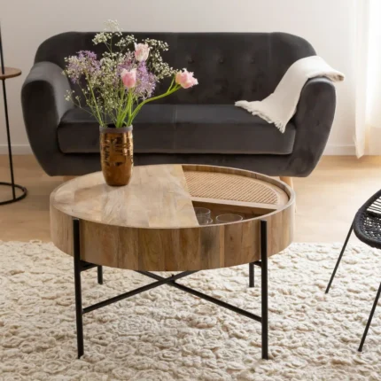 Leicester Round Wood And Cane Coffee Table