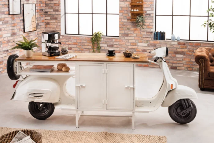 priti_images.webp PRITI SCOOTER EXTRAVAGANT RETRO BAR CABINET WHITE CONSOLE MOTOR SCOOTER MANGO WOOD TOP - Image 1