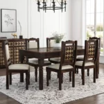 PRITI : Salem Brass Inlay Rustic Solid Wood Dining Table Chair Set