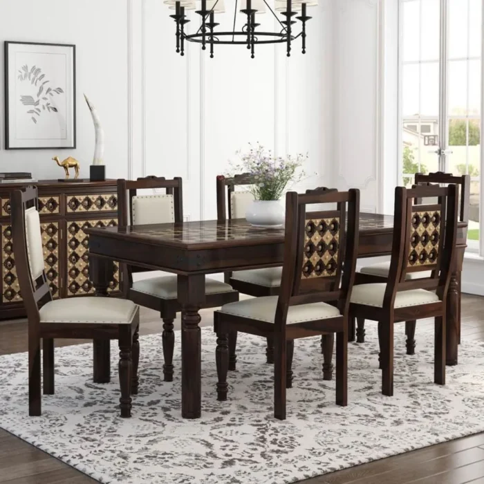 1-10 (2) PRITI : Salem Brass Inlay Rustic Solid Wood Dining Table Chair Set - Image 1