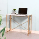 PRITI HOME 35.4″ Small Desk No-Assembly Folding Computer PC Desk Home Office Desk Laptop Study Writing Table for Space Saving – Golden – Laminated Marble Table top