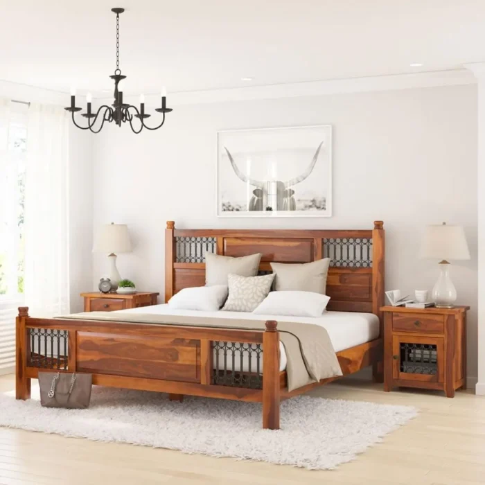 1-11 Priti : San Francisco Iron Grill Fitted Rustic Solid Wood Platform Bed Frame - Image 1