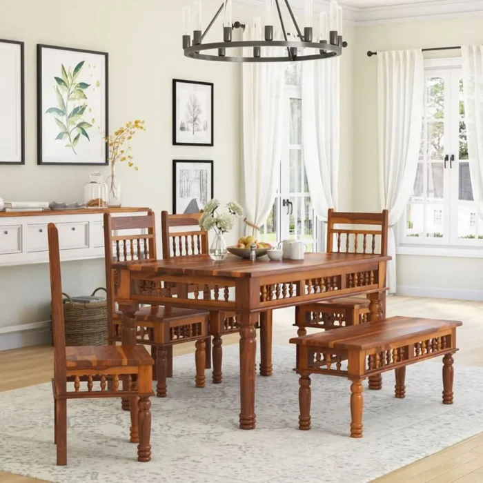 PRITI : Haines Rustic Solid Wood Dining Table Chair Bench Set - Image 1