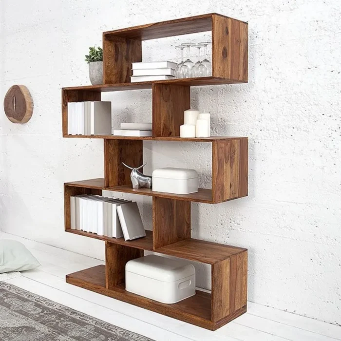 1-18 SOLID SHEESHAM WOOD BOOKSHELF IN STONE FINISH BOOKCASE | WOOD SHELVING - Image 1