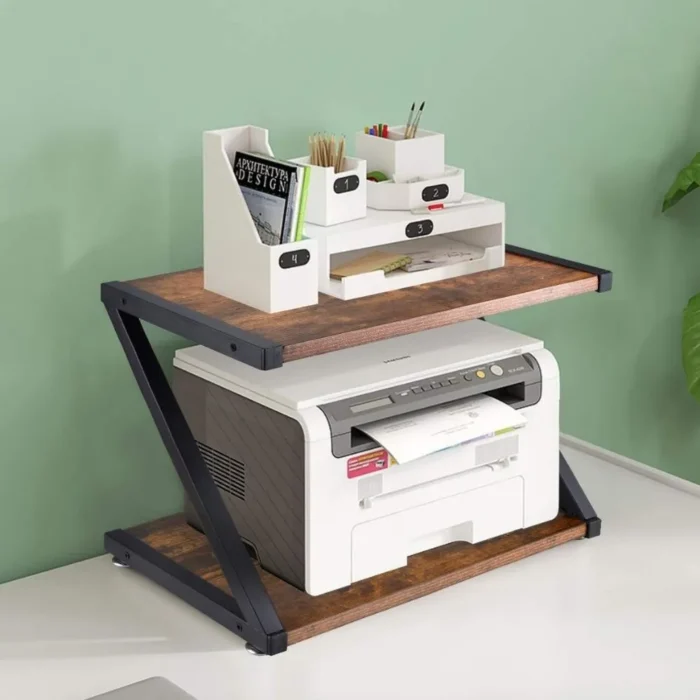 BLACK DESKTOP 2-TIER PRINTER STAND WITH MULTIPURPOSE WOOD STORAGE SHELVES - Image 1