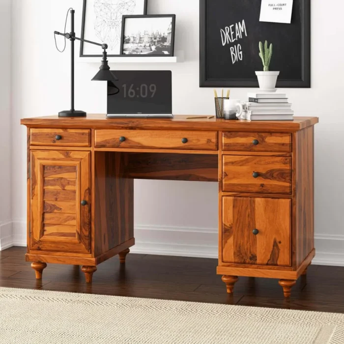 Priti : Rustic Solid Wood Computer Desk With Louvered Door Cabinet - Image 1