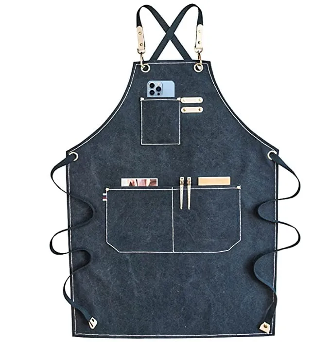1-30 PRITI – Navy Blue Cotton Canvas Cross Back Adjustable Apron with Pockets for Women and Men, Kitchen Cooking Baking Bib Apron - Image 1