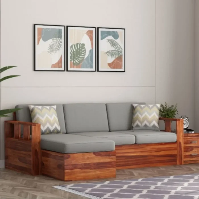 1-32 Priti : L-Shaped Solid Wood Multifunctional Corner Sofa with Storage - Image 1