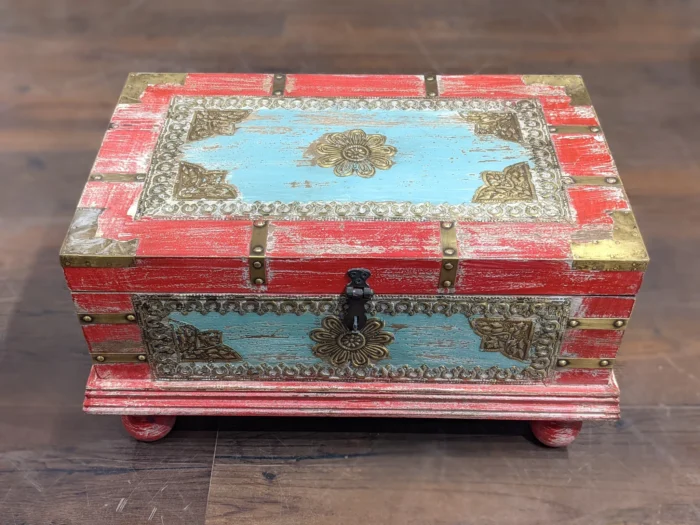 Priti Small Red Distressed Wooden Trunk - Image 2