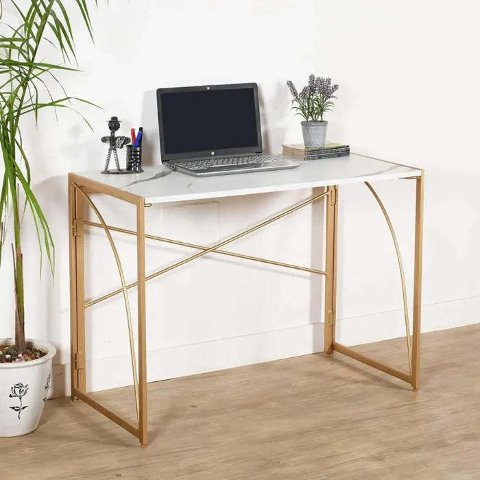 Priti Folding No-Assembly Modern Simple Small Wood Workstation Study Table with Arc Metal Frame Finish (39.4 Inch, Golden with Marble White top) - Image 1