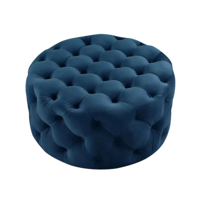 Drita Modern Grey Velvet Round Pouf In Solid Wood - Image 2