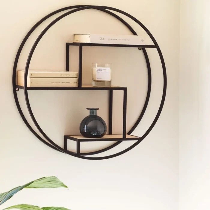 Floating Round Metal Wall Shelf Fix With 3 Strong Wood SHELF - Image 1