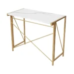 PRITI HOME 35.4″ Small Desk No-Assembly Folding Computer PC Desk Home Office Desk Laptop Study Writing Table for Space Saving – Golden – Laminated Marble Table top - Image 2
