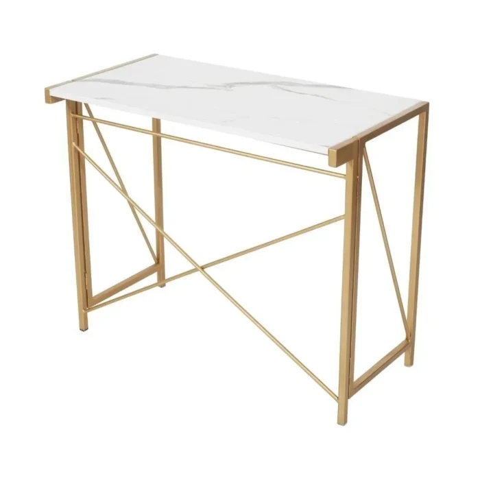 PRITI HOME 35.4″ Small Desk No-Assembly Folding Computer PC Desk Home Office Desk Laptop Study Writing Table for Space Saving – Golden – Laminated Marble Table top - Image 2