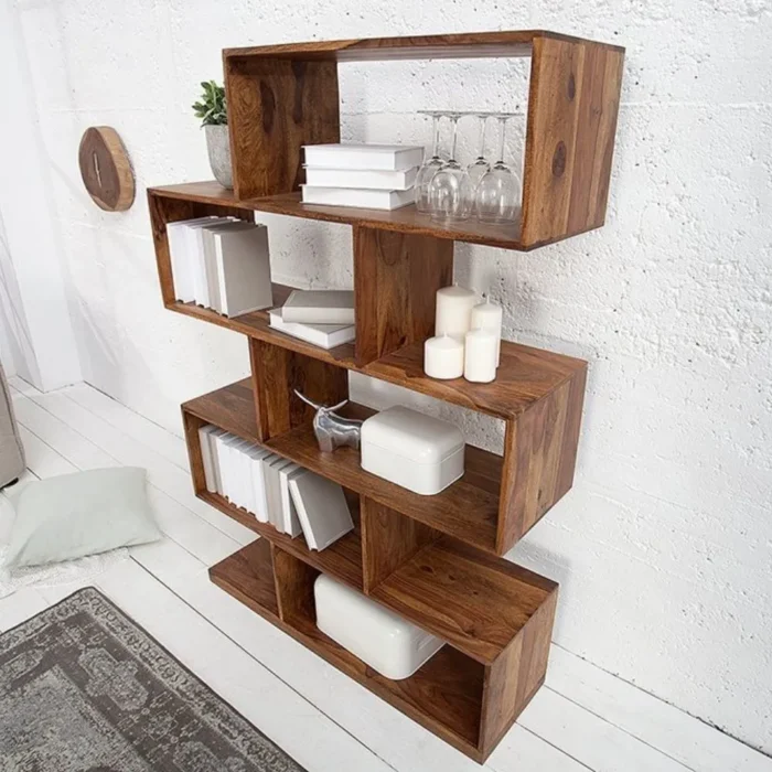 SOLID SHEESHAM WOOD BOOKSHELF IN STONE FINISH BOOKCASE |  WOOD SHELVING - Image 8