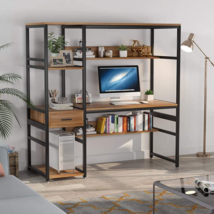 Office Desk Study Table Writing Desk Workstation with Hutch Bookcase for Home Office - Image 2