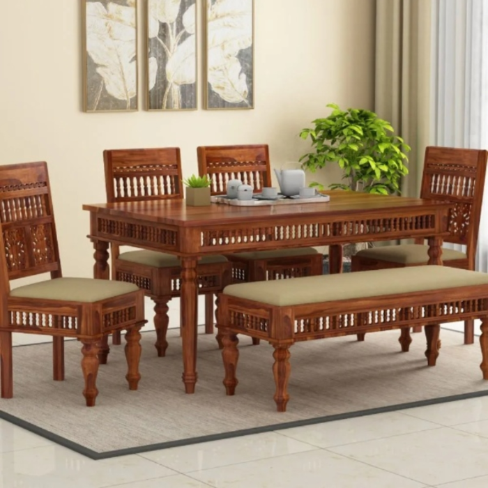 2-65 (1) PRITI : Venice 6 Seater Dining Table Set with Bench Chairs - Image 1