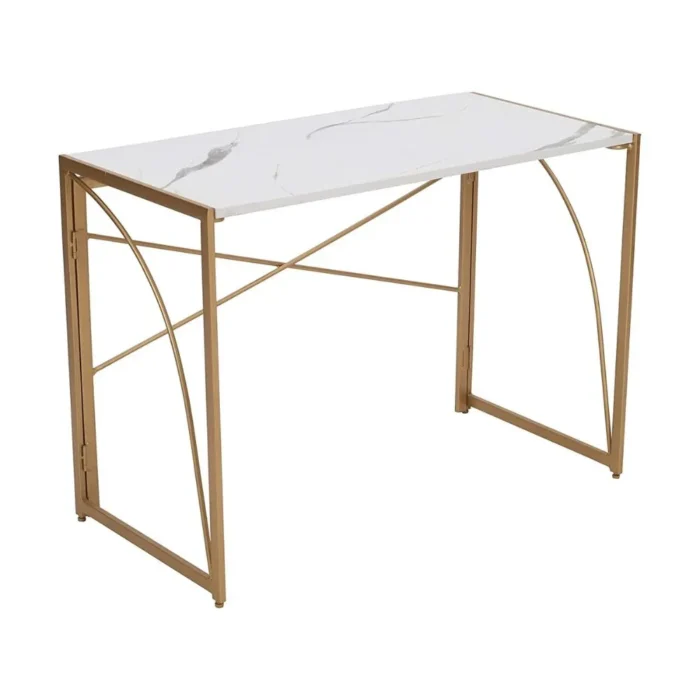 Priti Folding No-Assembly Modern Simple Small Wood Workstation Study Table with Arc Metal Frame Finish (39.4 Inch, Golden with Marble White top) - Image 4