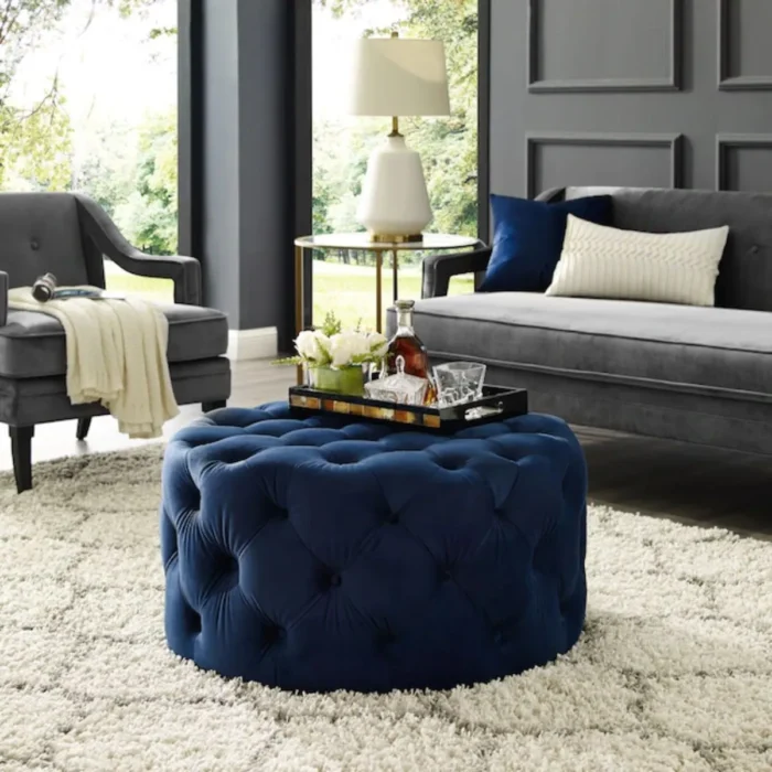 2-86 Drita Modern Grey Velvet Round Pouf In Solid Wood - Image 1