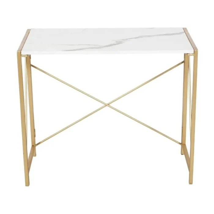 PRITI HOME 35.4″ Small Desk No-Assembly Folding Computer PC Desk Home Office Desk Laptop Study Writing Table for Space Saving – Golden – Laminated Marble Table top - Image 3