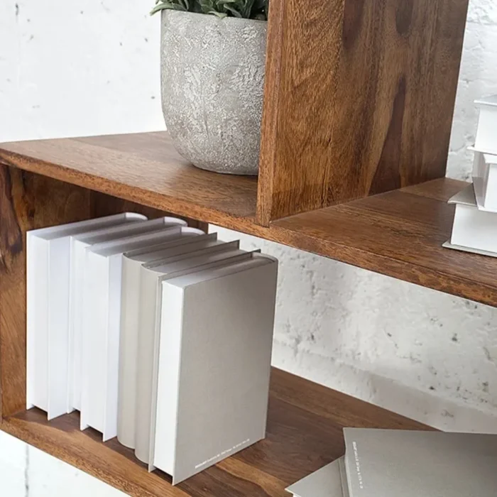 SOLID SHEESHAM WOOD BOOKSHELF IN STONE FINISH BOOKCASE |  WOOD SHELVING - Image 7