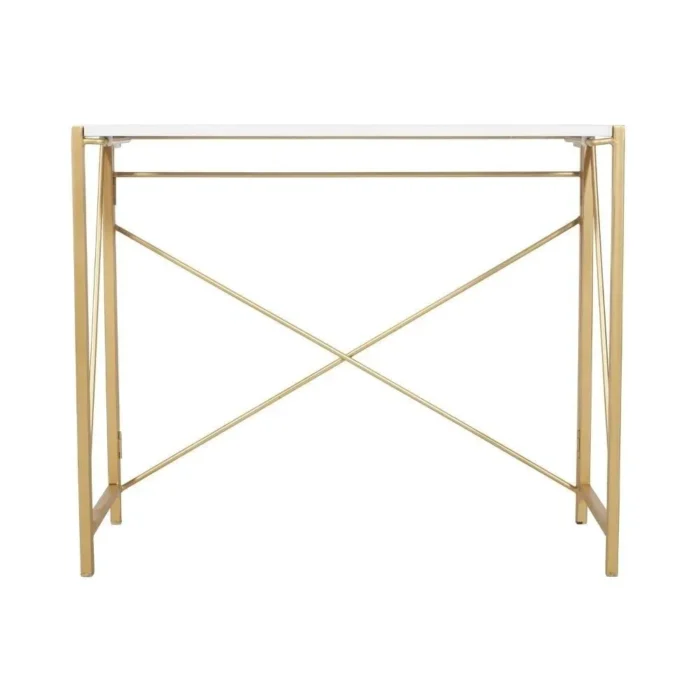 PRITI HOME 35.4″ Small Desk No-Assembly Folding Computer PC Desk Home Office Desk Laptop Study Writing Table for Space Saving – Golden – Laminated Marble Table top - Image 12
