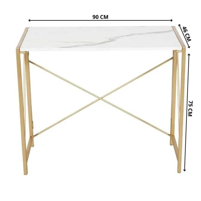 PRITI HOME 35.4″ Small Desk No-Assembly Folding Computer PC Desk Home Office Desk Laptop Study Writing Table for Space Saving – Golden – Laminated Marble Table top - Image 9