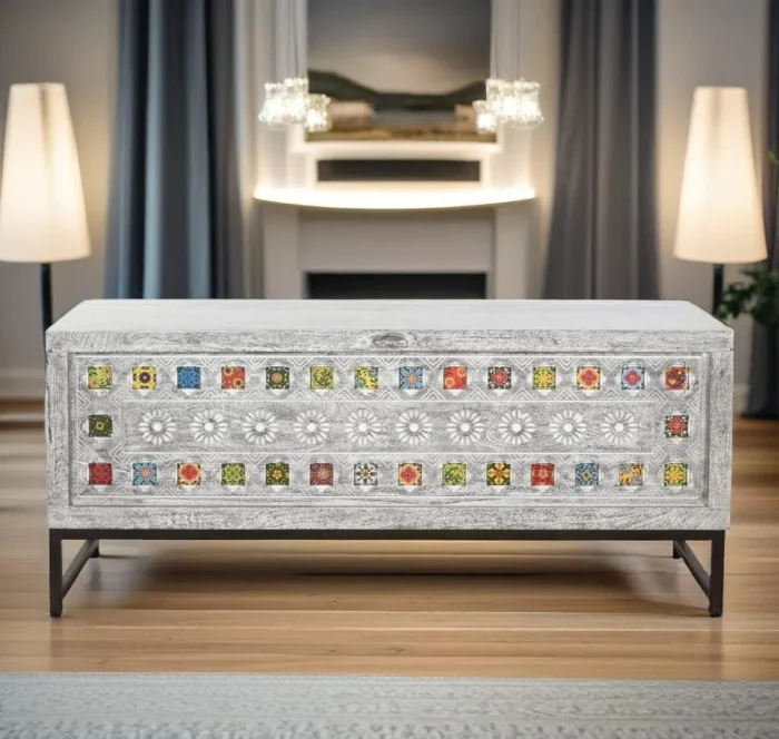 Priti Chest Ceramic Grey White Mango Wood (116 X 40 X 50 Cm) - Image 2