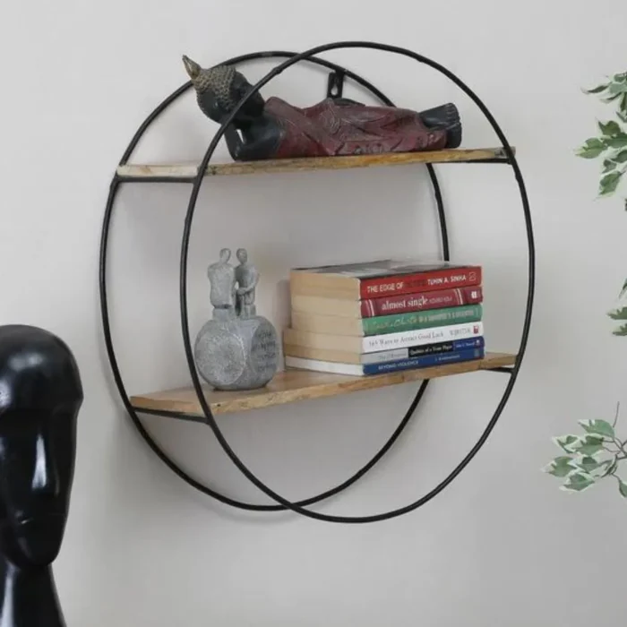 Rustic Solid Wood & Metal Circular Storage Shelf | Hanging Wall Shelf - Image 1