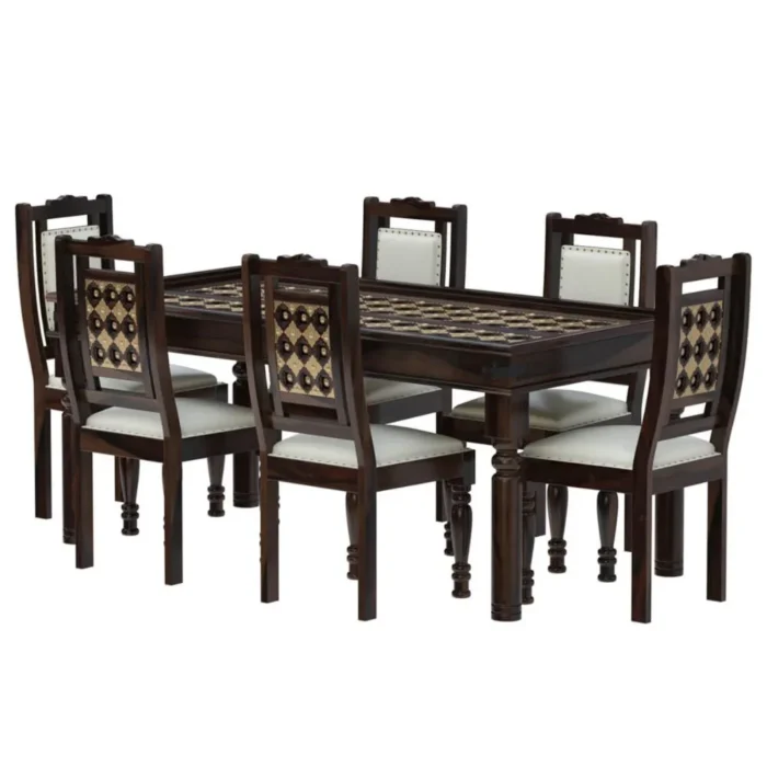 PRITI : Salem Brass Inlay Rustic Solid Wood Dining Table Chair Set - Image 2