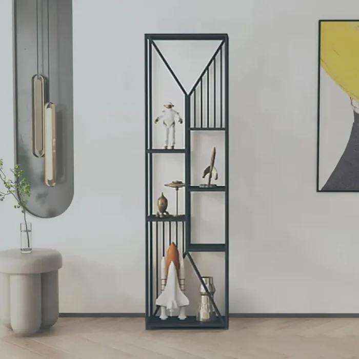 Natural-Golden-Solid-Wood-Sideboard-13 70.9" Symmetrical Metal Matt Black Bookshelf Bookcase in 6 Shelves - Image 1