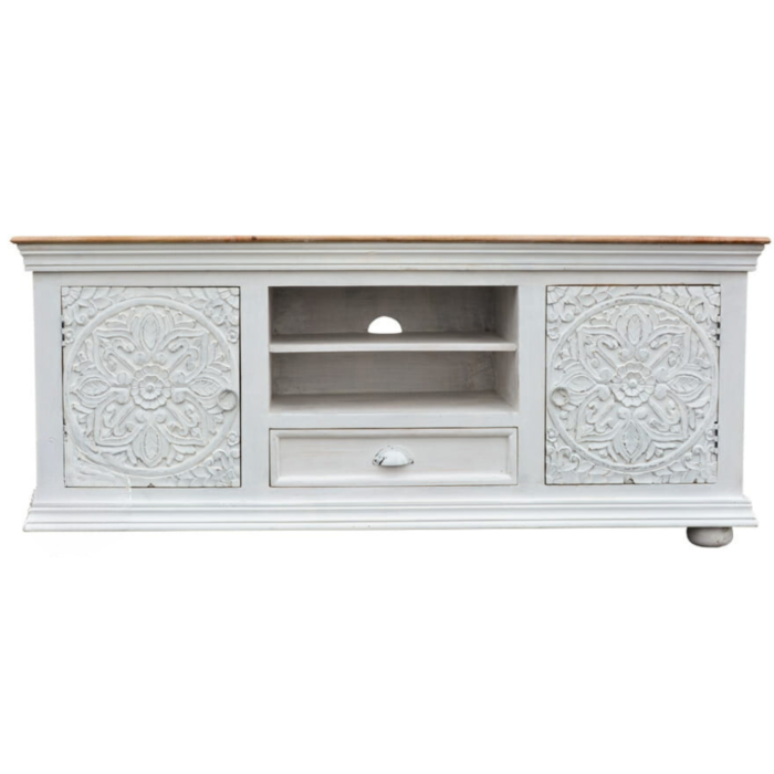 Traditional Carved Indian White TV Cabinet - Image 3