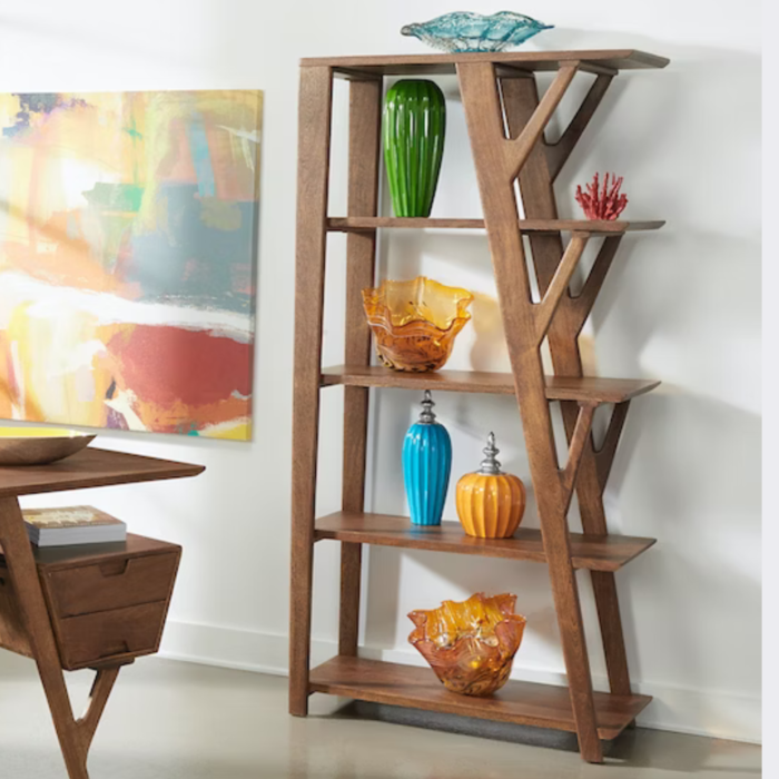 Untitled-design-13.png Priti Willow Mid-century Modern Solid Acacia Wood Four Shelf Bookcase Etagere - Image 1