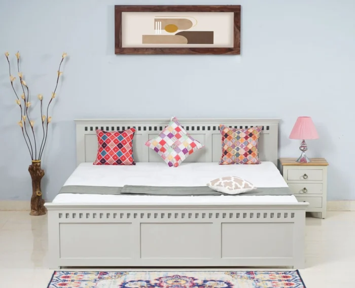PRITI Solid Wood Queen Size Bed - Milky White