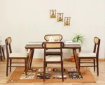 PRITI Solid Wood Rattan Cane Dining Table Four Seater Set