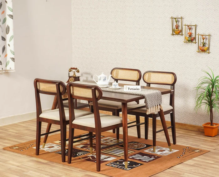 PRITI Solid Wood Rattan Cane Dining Table Four Seater Set PRITI Solid Wood Rattan Cane Dining Table Four Seater Set