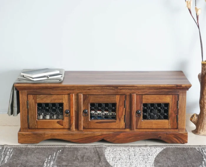 PRITI Solid Wood Three Doors Bench Shoe Rack