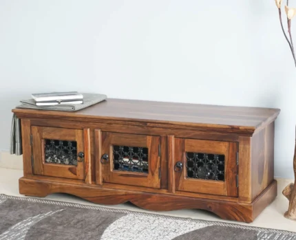 PRITI Solid Wood Three Doors Bench Shoe Rack