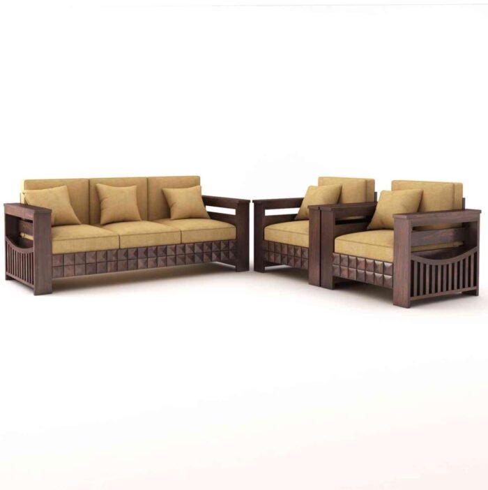 PRITI Solid Wood 5 Seater Sofa Set (Walnut Finish, 3+1+1)