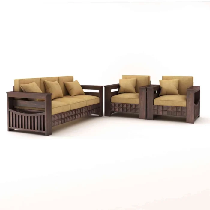 PRITI Solid Wood 5 Seater Sofa Set (Walnut Finish, 3+1+1)