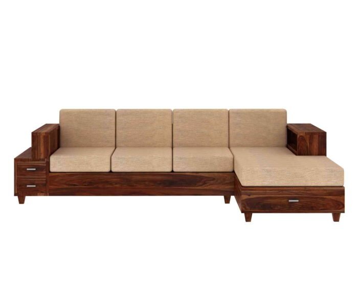 PRITI Solid Wood 4 Seater L Shape Sofa (Natural Finish)